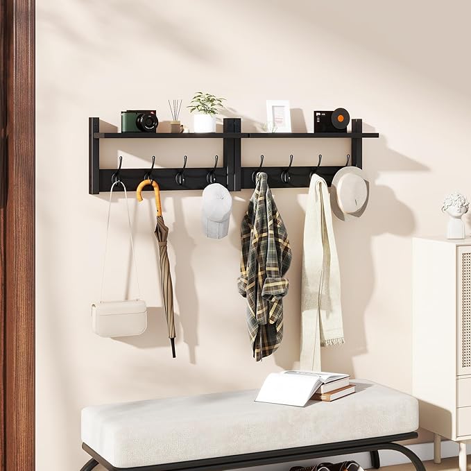 YMYNY Coat Rack Shelf Wall Mounted, Coat Hooks Set of 2, Entryway Coat Hanger with 8 Hooks, 31.5" Wall Floating Shelf with Hat Rack, for Kitchen, Bedroom, Bathroom, Black UHWS001B-2