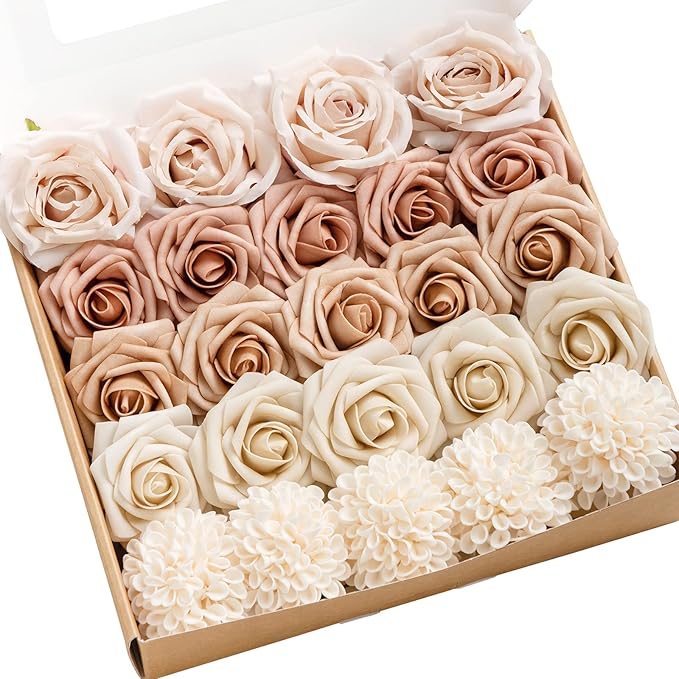 Ling's Moment Artificial Flowers Fake Silk Roses Faux Foam Dahlia Combo for DIY Wedding Bouquets Centerpieces Arrangements Bridal Shower Party Home Decorations, Morandi Peach & Cream, 24pcs