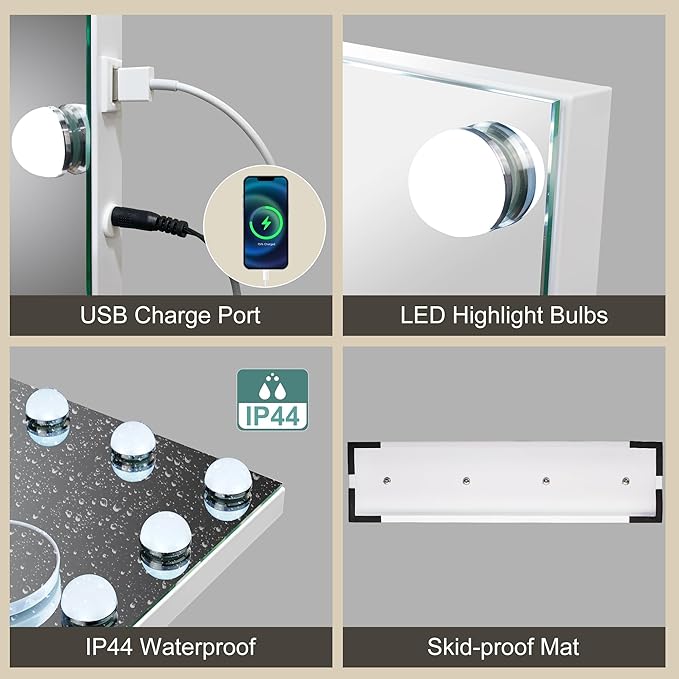 S'bagno Vanity Mirror with Lights, 12 Dimmable LED Bulbs Hollywood Mirror, 3 Color Modes & Memory Function Makeup Mirror with Lights, Detachable 10X Magnification, Touch Control, USB-A(19''x14'')