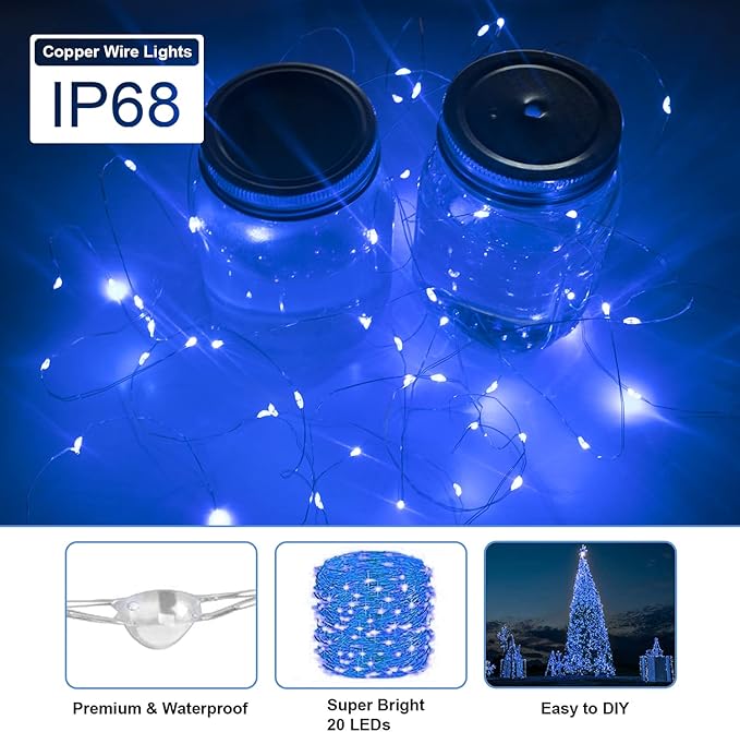 12 Pack Valentine's Day Fairy Lights Battery Operated, 3 Speed Modes, Extra 12 Batteries for Replacement, 7Ft 20 LED Mini String Light, Waterproof Copper Wire, Twinkle Firefly Lights, Blue