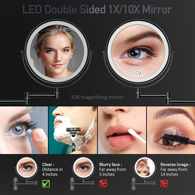 Rocollos Rechargeable Lighted Wall Mounted Makeup Mirror with 3 Color Lights,Dimmable Touch Screen,8 Inch LED Double Sided 1X/10X Magnifying 360°Flexible 13 Inch Retractable