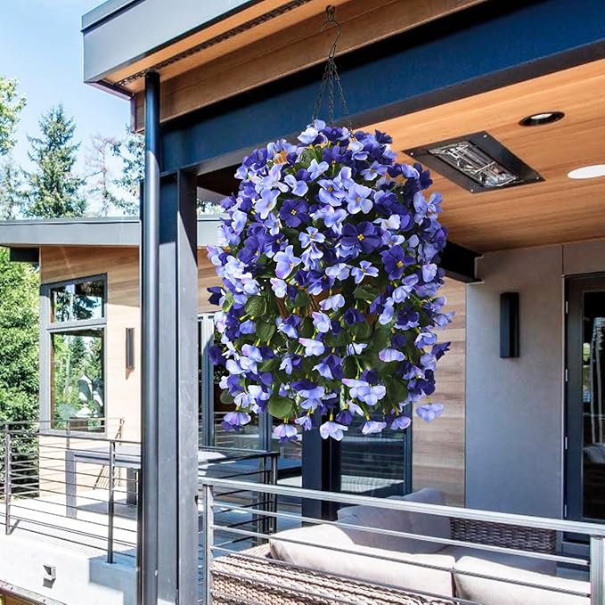 INQCMY Artificial Hanging Flowers Basket for Outdoors Spring Summer Decoration,Faux Silk Begonia in Planter Look Real UV Resistant for Outside Home Porch Patio Garden Balcony Yard Decor（Deep Blue）