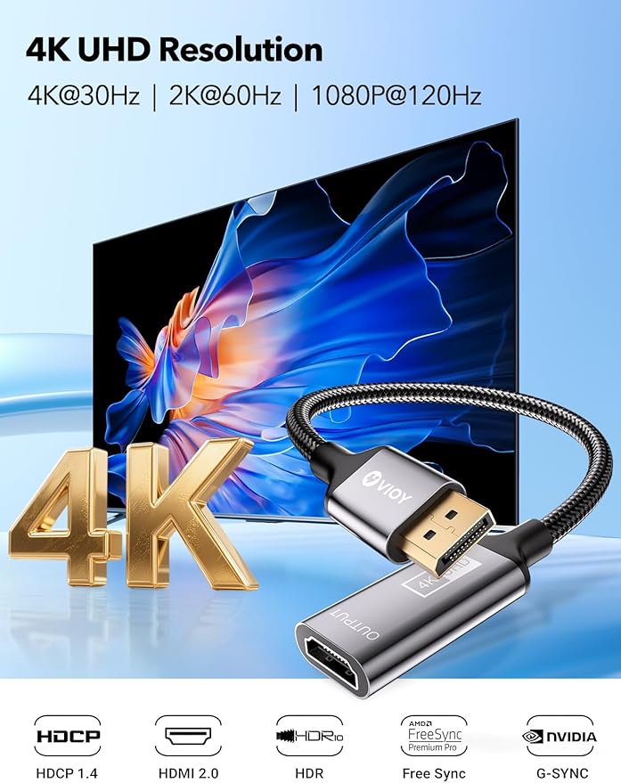 VIOY Displayport to HDMI Adapter 2 Pack, 4K@30HZ Uni-Directional DP (Source) Male to HDMI (Display) Female, 1080P@120HZ Display Port Adapter for Monitor, AMD, NVIDIA, HP, Dell, Lenovo