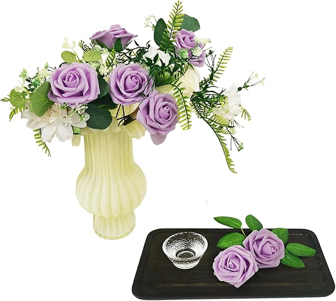 Artificial Rose Flowers 25pcs, Purple Foam Fake Rose Faux Flower for Wedding Bouquets Bridal Shower Centerpieces Floral Arrangements Home Decorations Party Backdrops Table