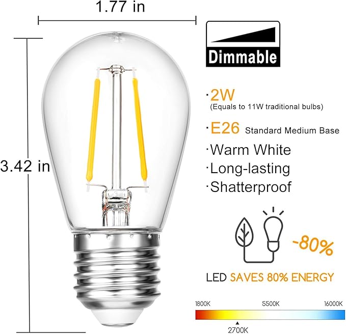 15 Pack Dimmable Shatterproof S14 LED Replacement Outdoor String Light Bulbs, 2700K 2W Plastic LED E26 Medium Screw Base Edison Bulbs Equivalent to 11-25 watt