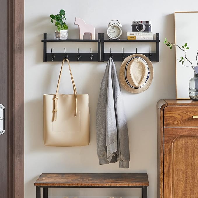 YMYNY Coat Rack Shelf Wall Mounted, Coat Hooks Set of 2, Entryway Coat Hanger with 8 Hooks, 31.5" Wall Floating Shelf with Hat Rack, for Kitchen, Bedroom, Bathroom, Black UHWS001B-2