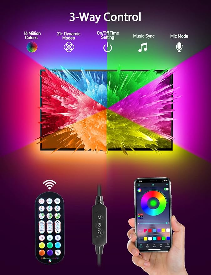 MATICOD RGB LED TV Strip USB Lights for Backlight and Behind, App Remote Control, Music Sync, Multicolor, 9.84FT for 32"-43" TV