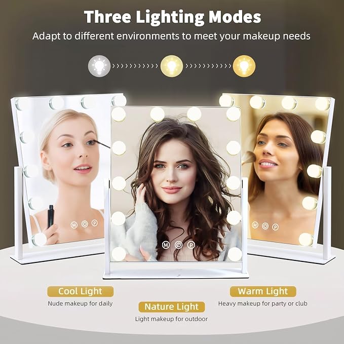 Vanity Mirror with Lights, 13'' x 11'' Lighted Makeup Mirror for Desk, Hollywood Mirror with 12 Dimmable Bulbs, 3 Color Modes, Smart Touch Control, 360°Rotation