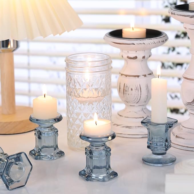 Blue Candlestick Holders Bulk, 12 Pcs Glass Candle Holders Set,Crystal Taper Candle Holder for Wedding, Table Centerpiece, Home Decoration