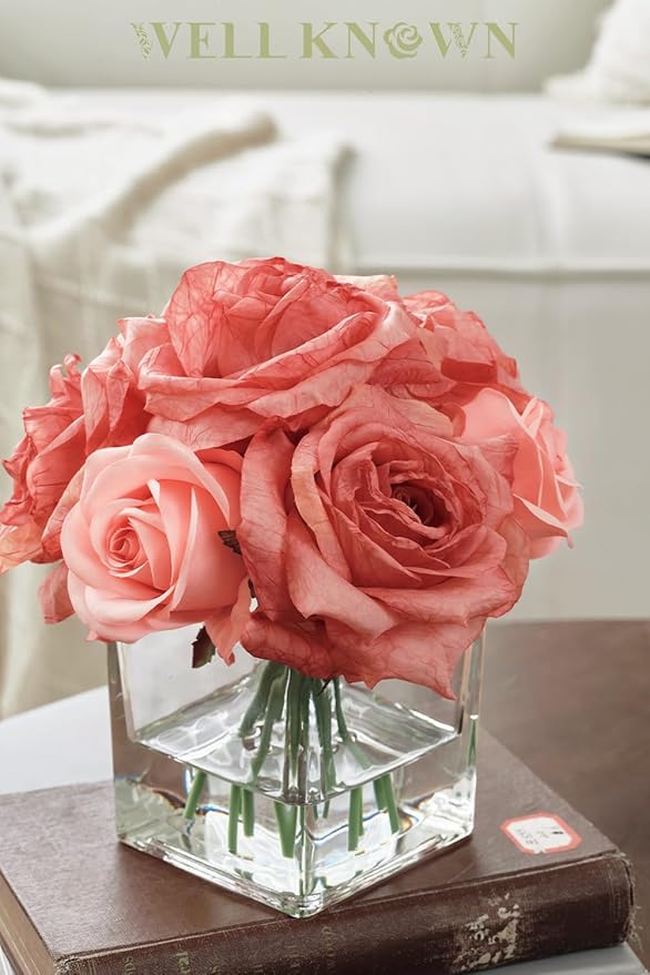 WELL KNOWN Rose Artificial Flowers in Vase with Faux Water, Silk Rose Table Centerpieces for Home Coffee Table Decor, Bean Pasty Pink Fake Roses Flower Arrangements for Office Hotel Lavatory Wedding