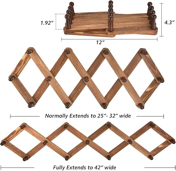 Homode Vintage Wood Expandable Peg Rack- Multi-Purpose Accordion Wall Hangers with 13 Hooks for Hats, Coat, Mugs, Scarf, Jewelry Storage