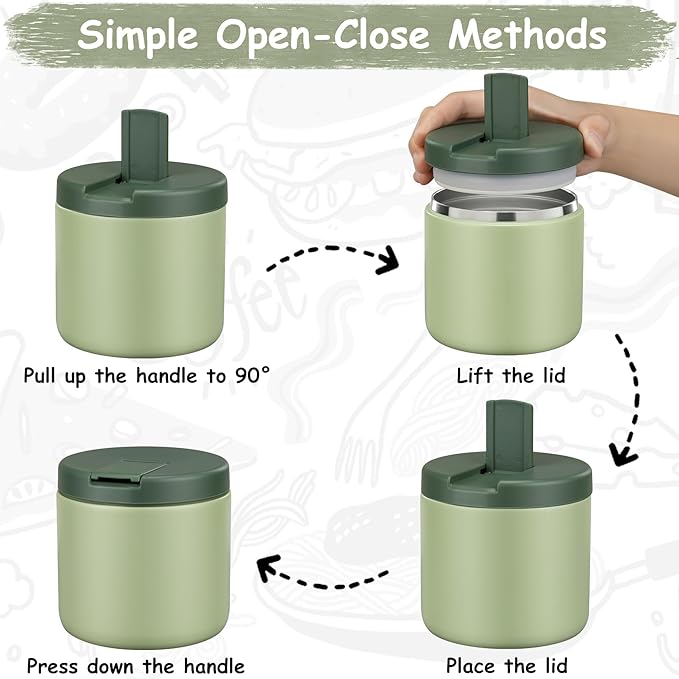 19oz Insulated Vacuum Food Jar with Buckle Lid Wide Mouth Soup Thermo for Hot Food Kids Leakproof Stainless Steel Lunch Container- Green-1Pack