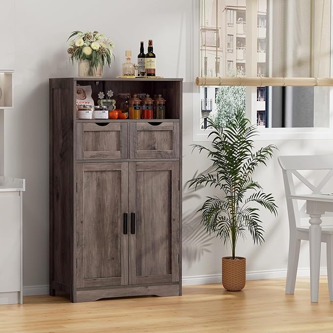 Iwell Storage Cabinet with Adjustable Shelf, Bathroom Cabinet with Doors, Cupboard, Kitchen Pantry Cabinet, Floor Cabinet for Living Room, Home Office, Dark Gray