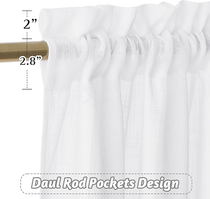 RYB HOME White Thick Opaque Curtains, Linen Textured Blend Semi Sheer Curtains Farmhouse Window Decor for Patio Door Living Room Bedroom Home Office, White, W 34 x L 95 inch, 2 Pcs