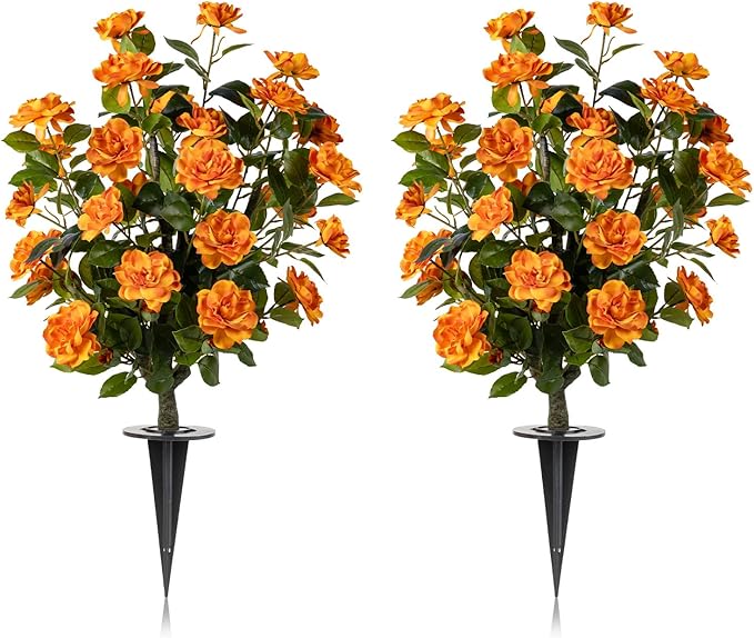 Artificial Camellia Tree 3 Pack with Spike, Artificial Plants Outdoor Faux Floral Plant in Cement Pot Fake Silk Camellia Tree Plants for Home House Living Room Office Decor
