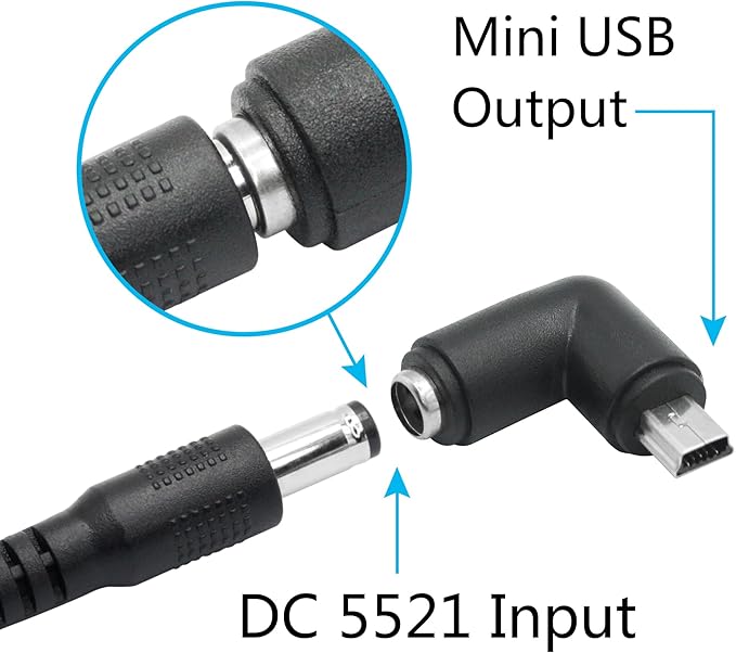 4Pcs DC 5.5mm x 2.1mm to Mini USB Adapter, 90 Degree Right Angle DC 5521 Female to Mini USB Male Plug Convert Connector 5V Power Supply Adapter
