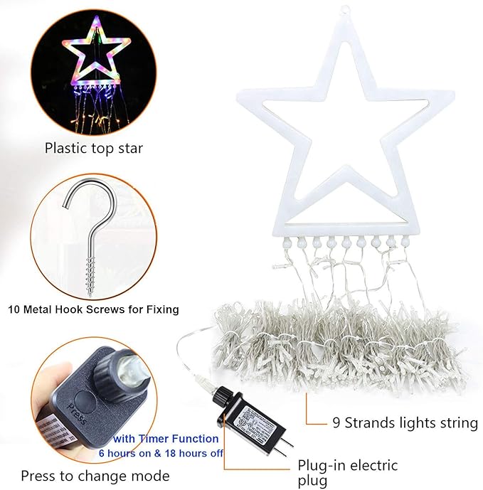 FUNIAO (New) Christmas Lights, Outdoor Christmas Decorations, 320 LED Waterfall String Lights, 8 Light Modes Chrsitmas Lights with 12" Star Tree Topper for Yard, Wedding, Party, New Year (Multicolor)