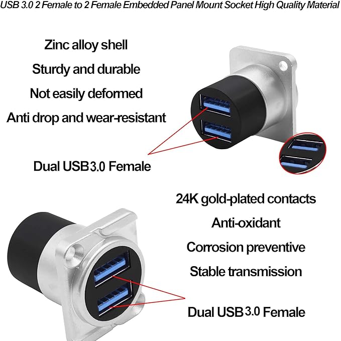 Dual USB 3.0 Panel Mount Adapter USB Type A Dual Female to 2 Female Coupler Bulkhead Fixed Mount Embedded D-Type Pass Though Connector for Data Transfer/Charging -Silver (D-Type)