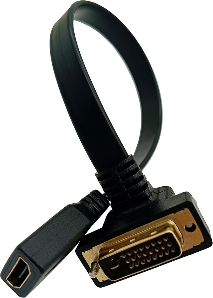 DVI to HDMI Flat Cable, Haokiang 1FT Gold-Plated DVI 24+1 Male to Hdmi Female 90 Degree Angle Converter Adapter Cable
