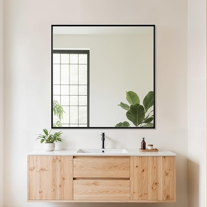 Suidia Bathroom Mirror, 30" x 30" Rectangular Wall Mirror, Metal Framed Wall Decor Wall-Mounted Mirrors for Bathroom, Bedroom, Living Room, Entryway, Black
