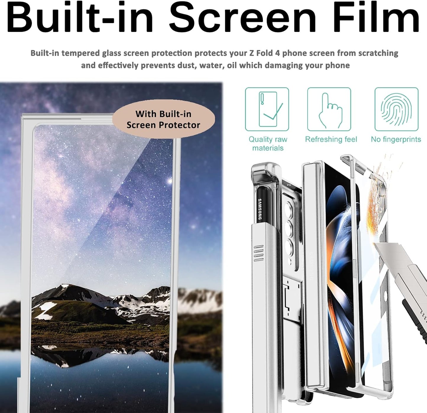 Miimall Samsung Galaxy Z Fold 4 5G Case with Built-in Tempered Glass Protector, Magnetic Hinge, Kickstand, Silver