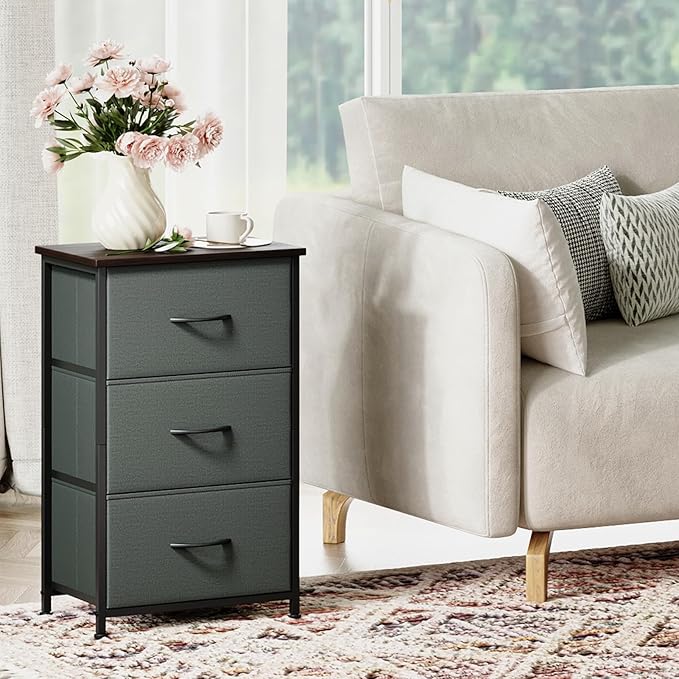 Somdot Dresser for Bedroom with 3 Drawers, Storage Organizer Chest of Drawers with Removable Fabric Bins for Closet Bedside Living Room Laundry Entryway Hallway, Charcoal Grey