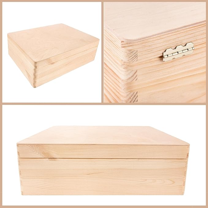 XL Large Wooden Storage Box with Hinged Lid | 15.8x11.8x5.5 inches (+-0.5) | Plain Unpainted Gift Box Tool Toy Kitchen Clothes Jewelry | Rough & UNSANDED Wood Keepsake
