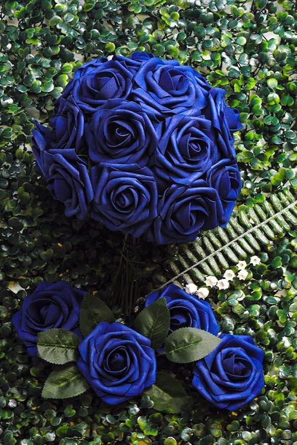 Royal Blue Roses Artificial Flowers (Near Navy Blue) 50 PCS, Fake Rose Flower Heads Flowers with Stem for DIY Bouquets Wedding Decorations Centerpieces Arrangements Party Home Decor