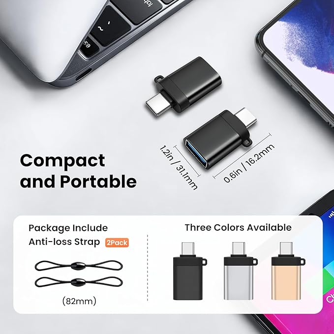 USB-C to USB-A Adapter (2-Pack), USB3.0 Data Transfer and Interface Conversion, Charging, OTG Support with Anti-Loss Cord - Black