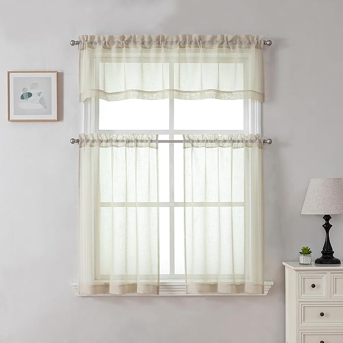 Aiyufeng Kirei 36 inch Natural Sheer Curtains 2 Panels Set for Kitchen, Rod Pocket Semi Sheer Short Curtains & Drapes Privacy with Light Filtering for Cafe/Small Window, Linen, W30 x L36, 2 Piecesi