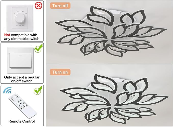 Garwarm Modern Ceiling Light, Dimmable LED Flower Flush Mount Ceiling Lamp, 90W Acrylic Petals Ceiling Chandelier Lighting Fixture with Remote Control for Living Room Bedroom Dining Room (Black)
