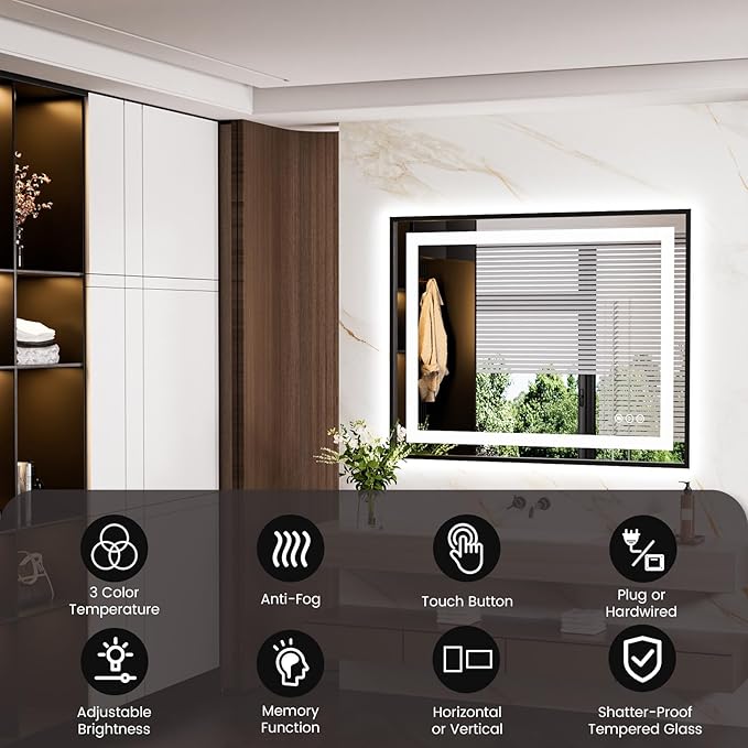 LED Bathroom Mirror,32"x36" Mirror with Black Frame, Front Light and Backlit, Stepless Dimmable, Anti-Fog, Shatter-Proof, Memory, 3 Colors, Double LED Vanity Mirror