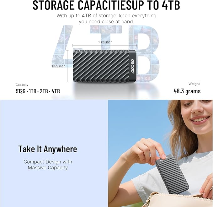 1TB External Hard Drive, Up to 2100MB/s, USB 3.2 Gen 2 Portable SSD, External Solid State Drive for Mac, Windows PC, Laptops, Gaming, iPhone — Ideal for File Backup, Content Creators & Videographers