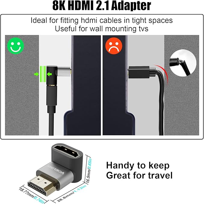 VCELINK HDMI Right Angle Adapter 8K@60Hz, 90 Degree HDMI Adapter Male to Female, HDMI 2.1 Cable with 4K@120Hz, HDR, eARC for for HDTV Switch Laptop PS4 PS5 Xbox, 2-Pack