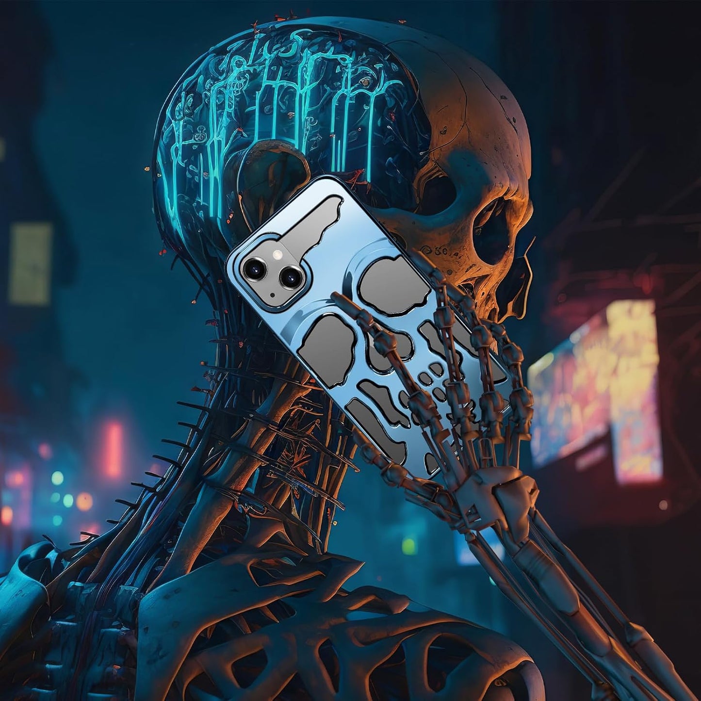 iPhone 13 Phone Case, Sierra Blue Cool Skull Skeleton Gothic Hollow Design for Men & Women