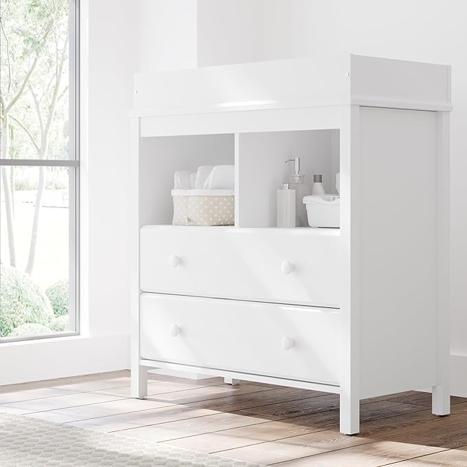 Storkcraft Alpine 2 Drawer Changing Table Chest (White) - Attached Changing Table Topper Fits Any Standard-Size Baby Changing Pad, 2 Drawers, 2 Shelves for Extra Nursery Storage, Easy to Assemble