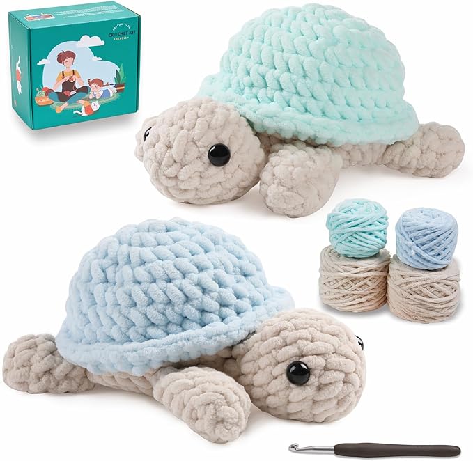 Eelexa Crochet Kit for Beginners, Amigurumi Crocheting Animal Kits, with Step-by-Step Video Tutorials for Kids Adults Beginner - 2 Pack Turtles