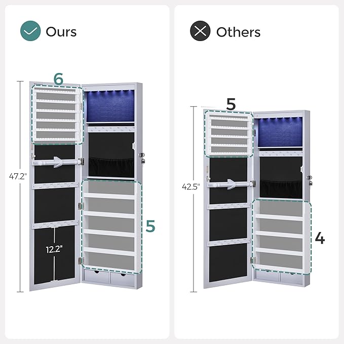 SONGMICS 6 LEDs Mirror Jewelry Cabinet, 47.2-Inch Tall Lockable Wall or Door Mounted Jewelry Armoire Organizer with Mirror, 2 Drawers, Christmas Gift, 3.9 x 14.6 x 47.2 Inches, Gray