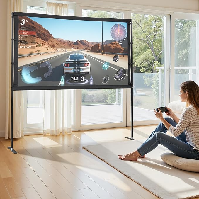 VEVOR Projector Screen with Stand, 80 Inch 160° Wide Angle Indoor Outdoor Projection Screen, 16:9 4K HD Wrinkleless Portable Dual-Stand Screens with Carry Bag, for Movie Home Theater Presentation