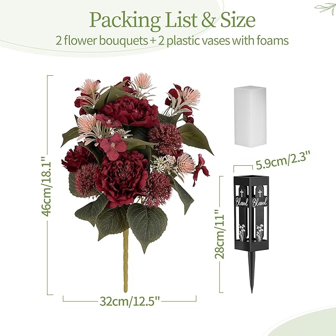 Red Cemetery Flowers for Grave: 2 Pcs Peony Grave Flower Bouquets for Cemetery Decorations - Christmas Outdoor Gravesite Flowers with Vase