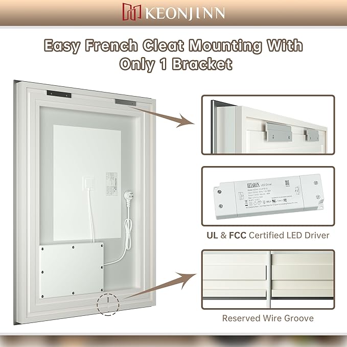 Keonjinn LED Bathroom Mirror 84" x 32" with Frontlit and Back Light, Large Tempered Glass Stepless 3 Colors Temperature & Dimmable Wall Mirror, UL Listed LED Driver, Double LED Strips, Anti-Fog Mirror