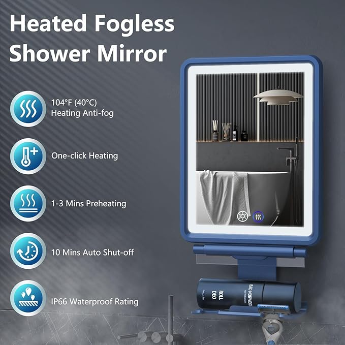 Heated Shower Mirror Fogless for Shaving, 3 Colors Stepless Dimmable Lights Fogless Mirror for Shower, Rechargeable Anti Fog Shaving Mirror with Razor Holder for Men, Light Memory Function, Blue