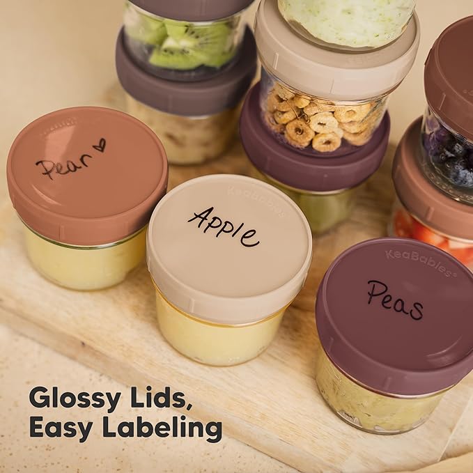 KeaBabies 12pk 4oz Glass Baby Food Containers with Lids - Leak-Proof, Microwavable Small Glass Jars, Baby Purees & Toddler Snack Storage Containers, BPA-Free, Dishwasher & Freezer Safe (Terracotta)