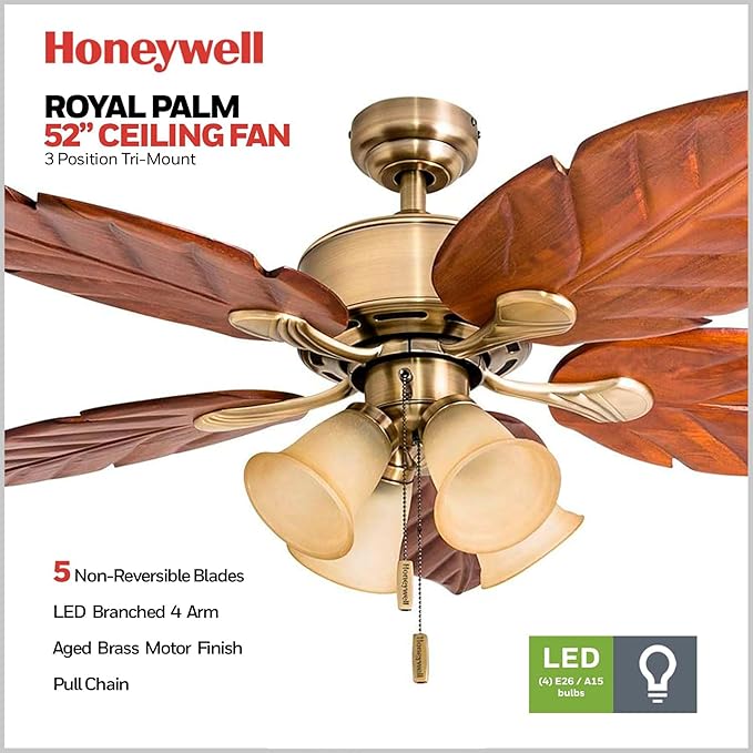 Honeywell Ceiling Fans Royal Palm, 52 Inch Tropical LED Ceiling Fan with Light, Pull Chain, Three Mounting Options, Hand Carved Solid Wood Blades - Model 50504-01 (Aged Brass)