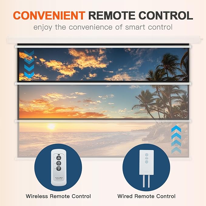 YODOLLA 84inch Motorized Projection Screen, 16:9 4K 3D HD Electric Projector Screen, Wall/Ceiling Mounted White Projection Screen with Two Remote Controls for Indoor & Outdoor Use