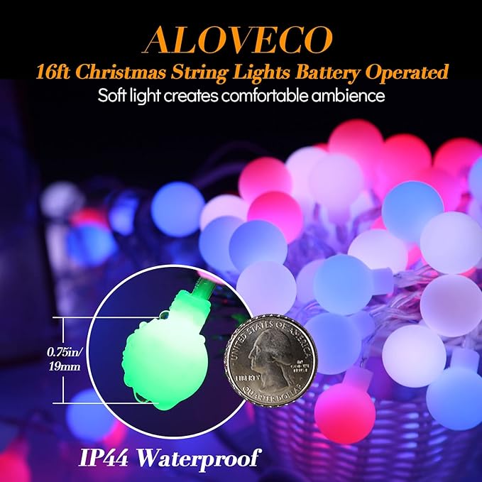 ALOVECO LED String Lights 16ft 50 LED Battery Operated String Lights Color Changing with Remote Waterproof Globe Starry Fairy Lights for Outdoor Indoor Bedroom Garden Party (RGB)