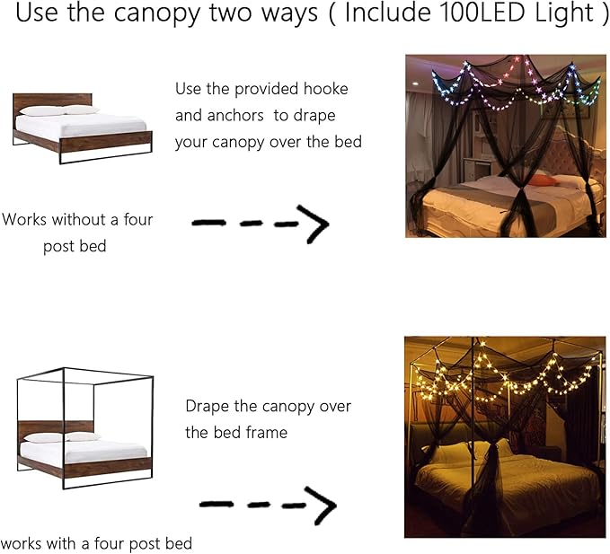 Comtelek Bed Canopy with LED Star Lights, Canopy Bed Curtain with RGB Color Changing String Lights with Smart App Control Remote for Princess Girls Bedroom, Suggested for Twin Full Queen King Bed