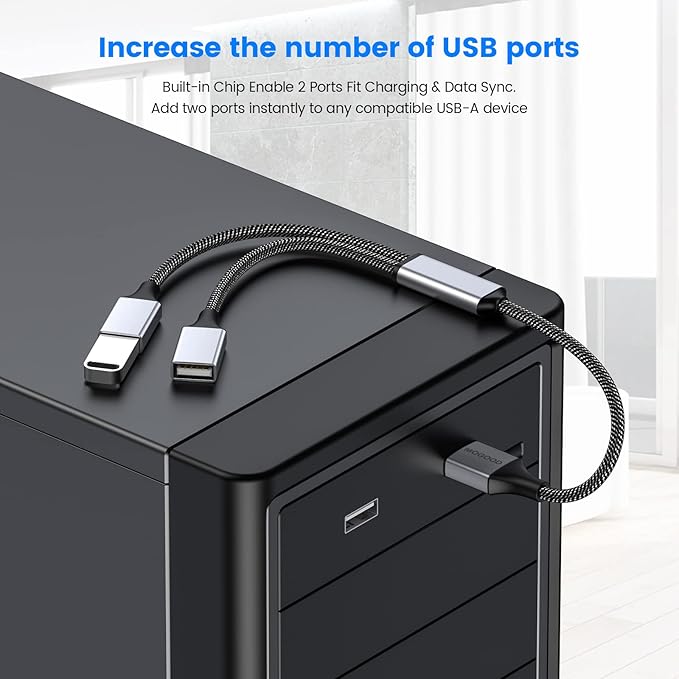MOGOOD USB Splitter Cable USB y Splitter Adapter (Carplay NOT Supported) Dual Type A 2.0 Power Cord Extension for Charging/Data Transfer/Laptop/Mac/Car
