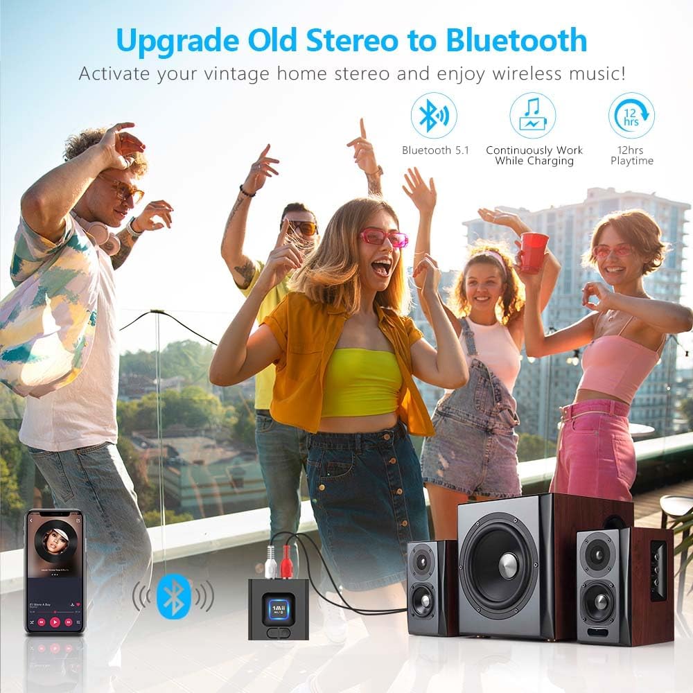 1Mii 5.1 3.5mm 12hrs Bluetooth Receiver for Home Stereo, Bluetooth Audio Adapter with RCA, Wireless Hi-Fi Music