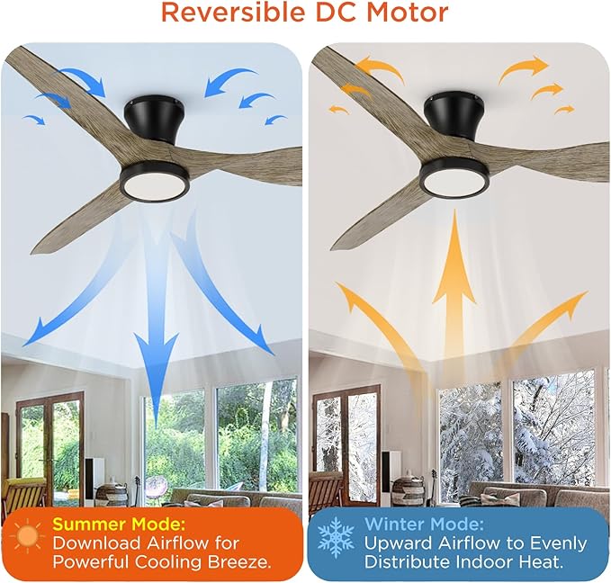 TALOYA 52 inch Ceiling Fans with Lights Remote Control, Modern Low Profile Ceiling Fan with Quiet Reversible DC Motor for Bedroom Living Room and Patio Black Walnut Finish